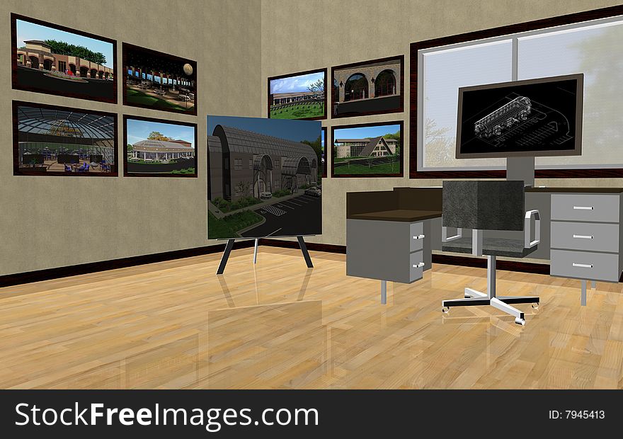 3d rendering of a cad drafter's office. 3d rendering of a cad drafter's office