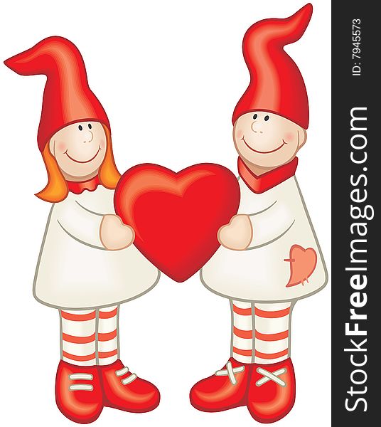 Couple of cartoon style girl and boy with red heart in their hands. Drawed without any gradient and mesh fills. Couple of cartoon style girl and boy with red heart in their hands. Drawed without any gradient and mesh fills.