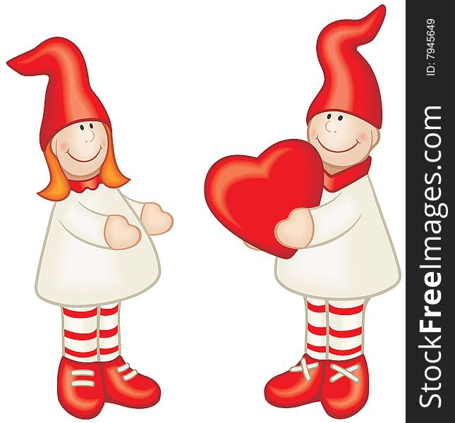 Couple of cartoon style girl and boy with red heart in his hands. Drawed without any gradient and mesh fills. Couple of cartoon style girl and boy with red heart in his hands. Drawed without any gradient and mesh fills.