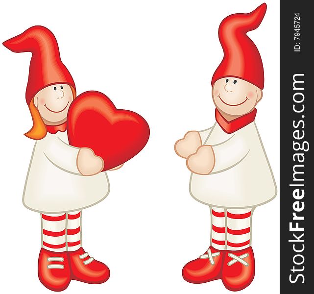 Couple of cartoon style boy and girl with red heart in her hands. Drawed without any gradient and mesh fills. Couple of cartoon style boy and girl with red heart in her hands. Drawed without any gradient and mesh fills