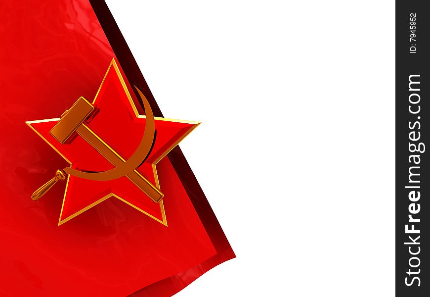 3d illustration of white background and soviet flag and symbol on left side. 3d illustration of white background and soviet flag and symbol on left side