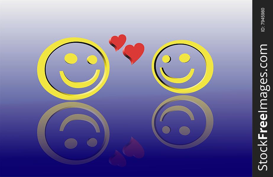 Two smiley's on blue glass are in love. Two smiley's on blue glass are in love