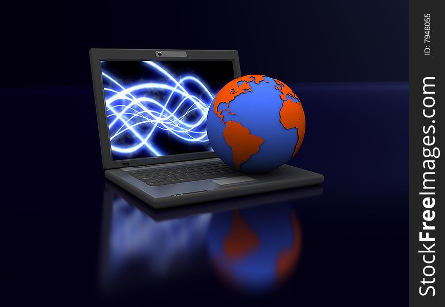 3d illustration of laptop and earth, internet concept