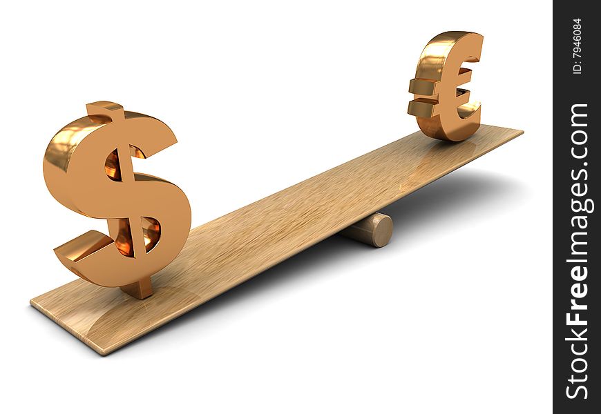 3d illustration of dollar and euro signs on scale