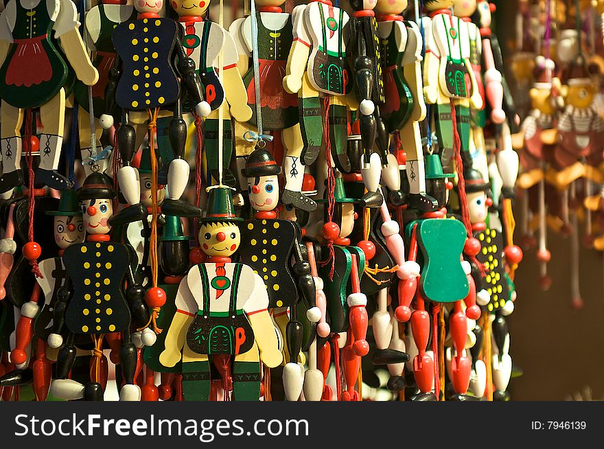 Wooden Toys hanging at a Christmas Shop