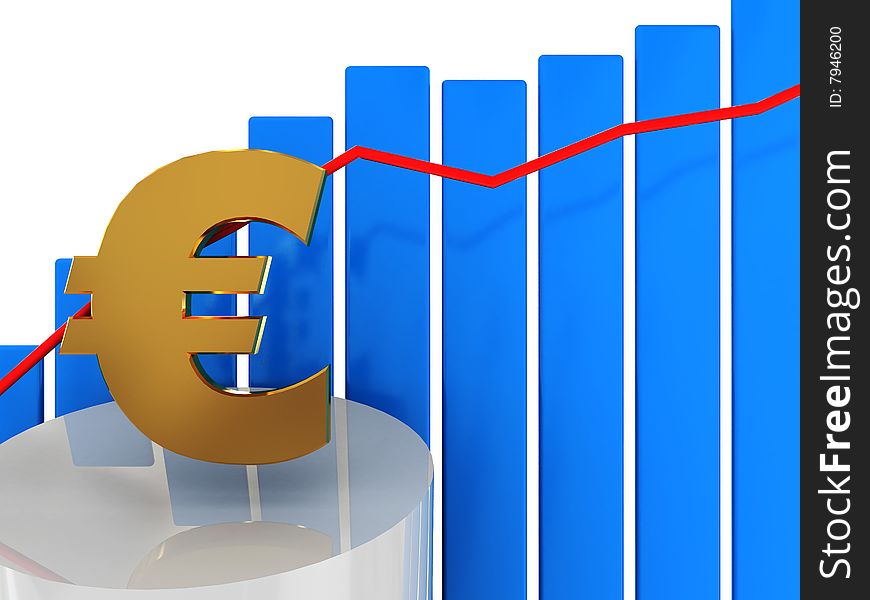 3d illustration of growing euro graph and blue bars. 3d illustration of growing euro graph and blue bars