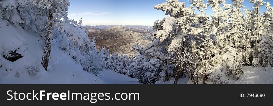 Panoramic view of Vermont's mountains during the winter. Panoramic view of Vermont's mountains during the winter.