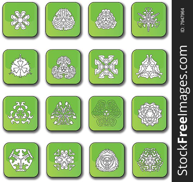 A selection of sixteen different Symmetrical snowflakes over a glossy green button/icon. Fully scalable vector illustration. A selection of sixteen different Symmetrical snowflakes over a glossy green button/icon. Fully scalable vector illustration.