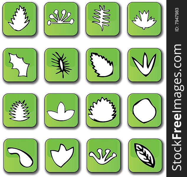 A selection of sixteen different leaf icons over a glossy button/icon. Fully scalable vector illustration. A selection of sixteen different leaf icons over a glossy button/icon. Fully scalable vector illustration.