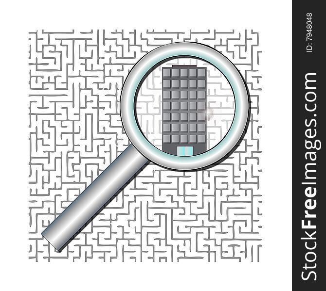 An apartment building is under a magnifying glass to symbolize being found in a maze. Fully scalable vector illustration. An apartment building is under a magnifying glass to symbolize being found in a maze. Fully scalable vector illustration.