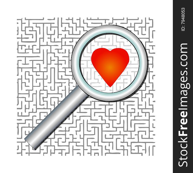 A red heart is under a magnifying glass to symbolize finding ove in a maze. Fully scalable vector illustration. A red heart is under a magnifying glass to symbolize finding ove in a maze. Fully scalable vector illustration.