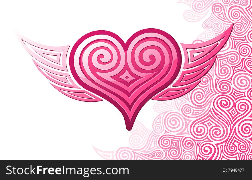 Pink heart with wings and pattern. Vector illustration