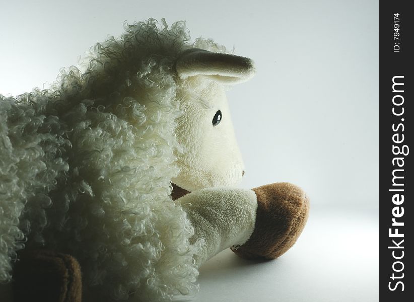 A series of photos with a white toy lamb on a white background.