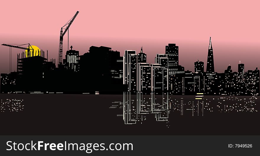 Illustration with night city with reflection silhouette. Illustration with night city with reflection silhouette