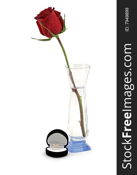 Red rose in a vase and black gift box. Isolated.