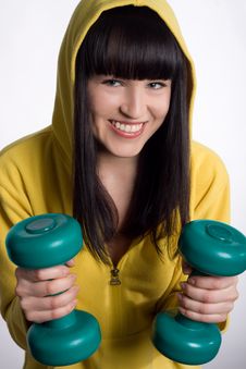 Girl With Two Green Dumbbells Royalty Free Stock Photos Girl With Two Green Dumbbells Royalty Free Stock Photos