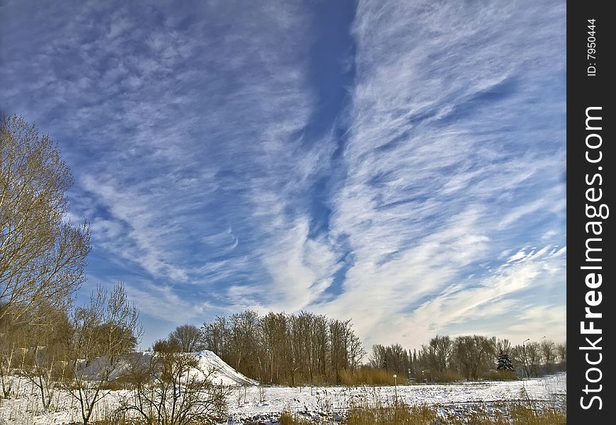 Winter landscape with the dark blue sky and plumose clouds. Winter landscape with the dark blue sky and plumose clouds