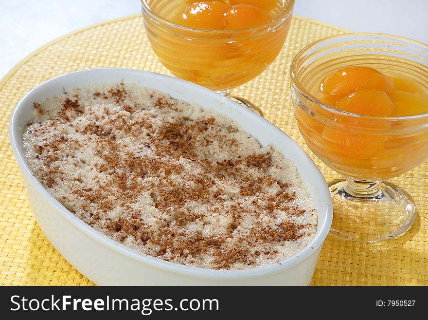 Dessert and apricot compote on plate