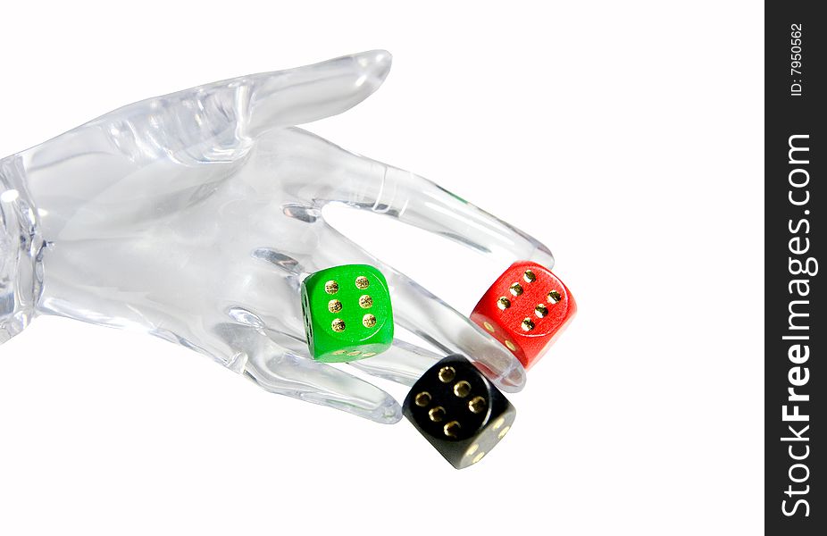 Glass hand holding dice (isolated on white)