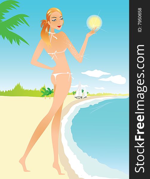 Vector image of beautiful tanned girl having leisure on the beach