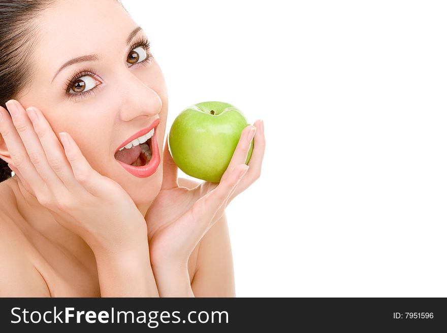 Pretty woman with green apple isolated over white background
