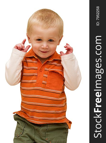 Boy skillfully laughing during the game. Isolated on white background. Studio work. Boy skillfully laughing during the game. Isolated on white background. Studio work.