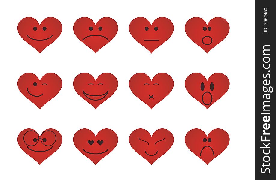 Illustrated emoticons in the shape of hearts - can be used for Valentine's Day templates. Illustrated emoticons in the shape of hearts - can be used for Valentine's Day templates