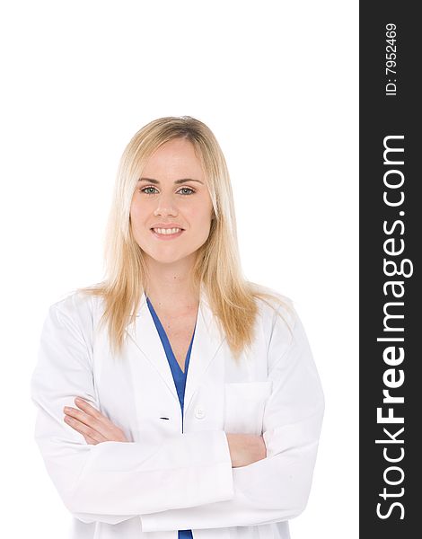 Studio shot of woman doctor isolated on white with crossed arms. Studio shot of woman doctor isolated on white with crossed arms