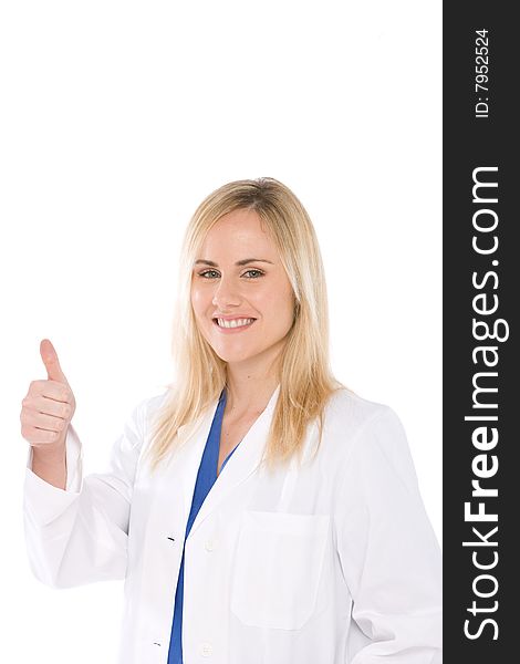 Smiling doctor with thumbs up isolated on white showing great confidence. Smiling doctor with thumbs up isolated on white showing great confidence