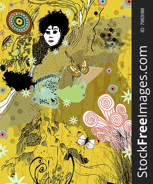 A digital image of a lady with butterflies and various floral based elements. Fully scalable vector illustration. A digital image of a lady with butterflies and various floral based elements. Fully scalable vector illustration.