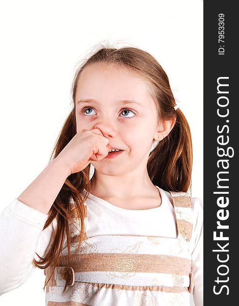 A little girl standing in front of the camera and having her finger
in her nose, looking shay to her parents. A little girl standing in front of the camera and having her finger
in her nose, looking shay to her parents.