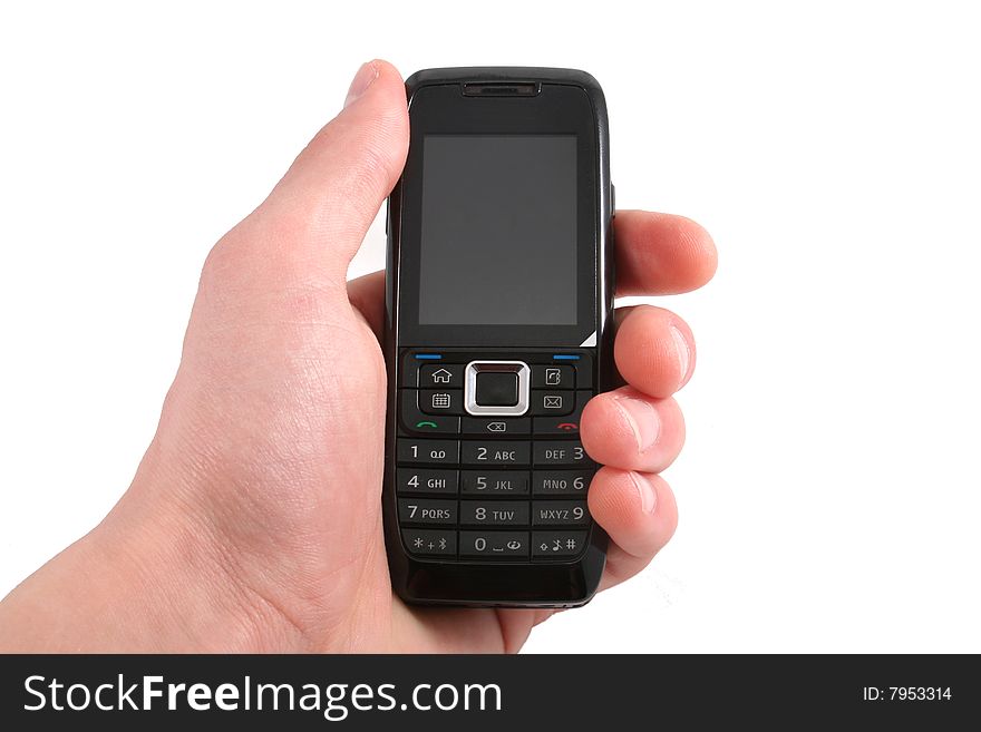 Mobile phone isolated on white. Hand is holding or pushing a button.