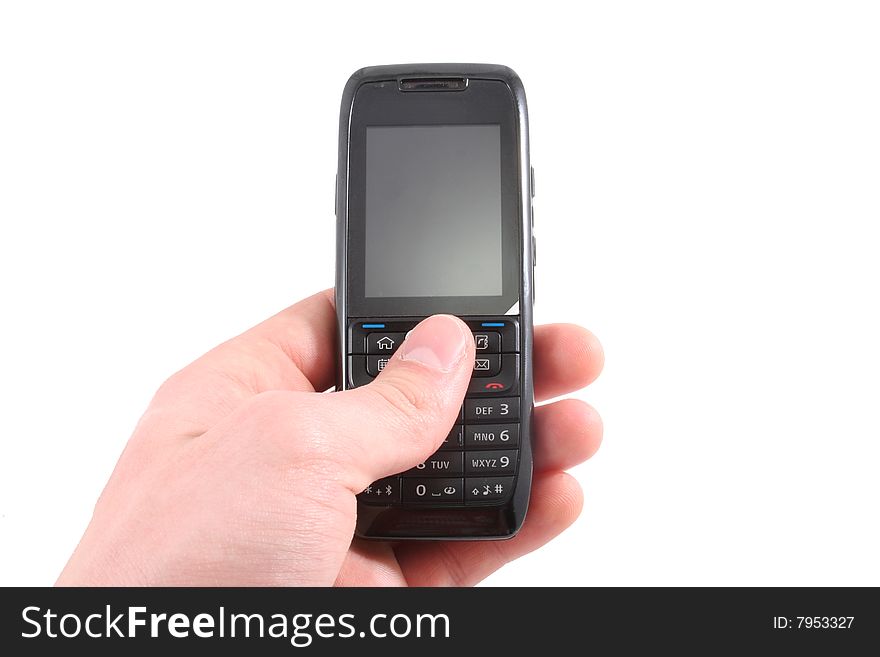 Mobile phone isolated on white. Hand is holding or pushing a button.