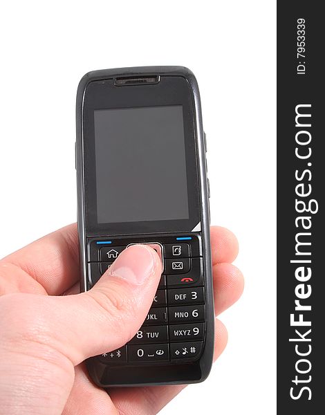 Mobile phone isolated on white. Hand is holding or pushing a button.