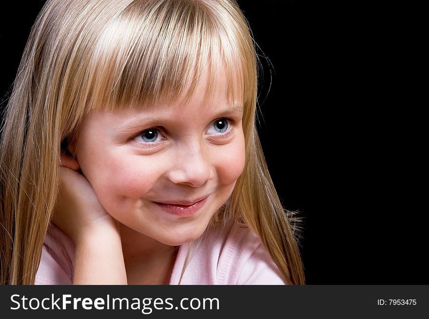 Blond Girl with big blue eyes on a black background