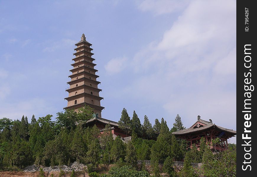 Yongji City, Shanxi Province, China universalist temple tower of Yingying.  Yongji City, Shanxi Province, China universalist temple tower of Yingying