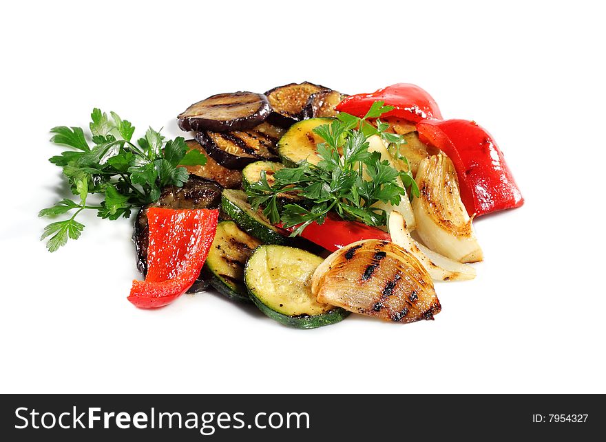 Baked Potatoes Slice with Mushrooms Served with Parsley. Isolated on White Background. Baked Potatoes Slice with Mushrooms Served with Parsley. Isolated on White Background