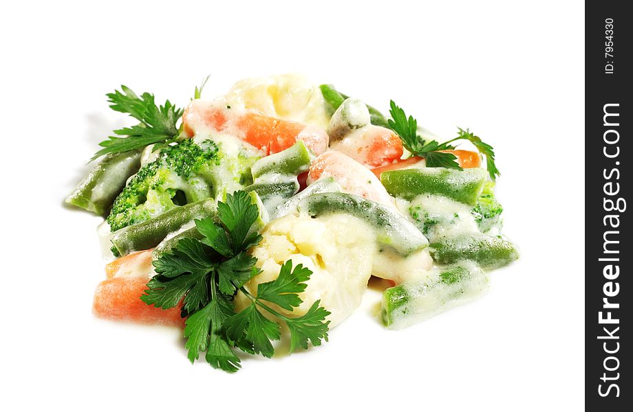 Vegetables Garnish with Bechamel Sauce Served with Parsley. Isolated over White