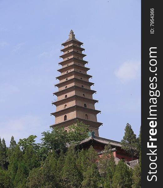 Yongji City, Shanxi Province, China universalist temple tower of Yingying.  Yongji City, Shanxi Province, China universalist temple tower of Yingying