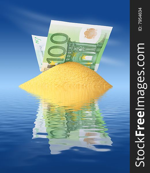 Euro money in yellow sand. Success concept. Euro money in yellow sand. Success concept.