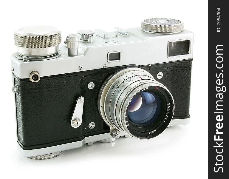 Old film photo camera and isolated on a white background