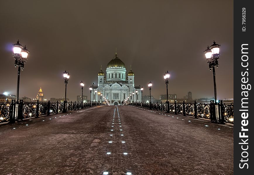 Cathedral of Christ the Saviour in Moscow night view from the bridge