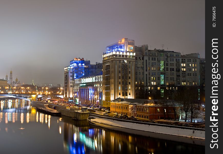 Big highlighted house on the Moscow river. Big highlighted house on the Moscow river