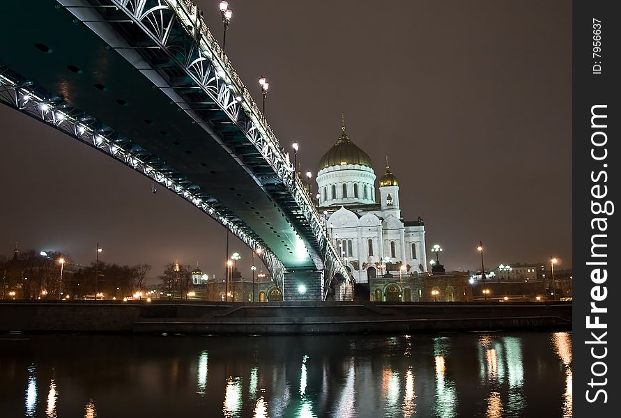 Christ the Saviour Cathedral in Moscow night view with bridge