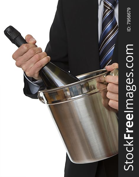 Man with suit champagne bottle in ice-pail, party on new years eve or anniversary