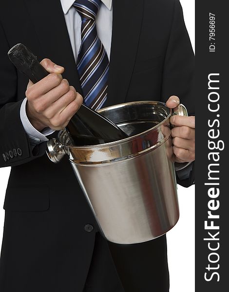 Man with suit champagne bottle in ice-pail, party on new years eve or anniversary