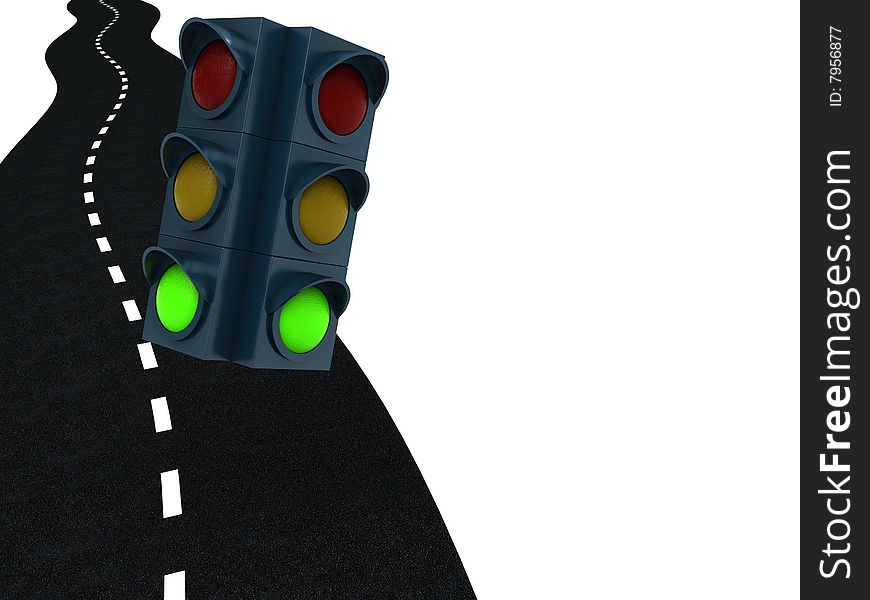 3d illustration of green traffic light and road, free way symbol