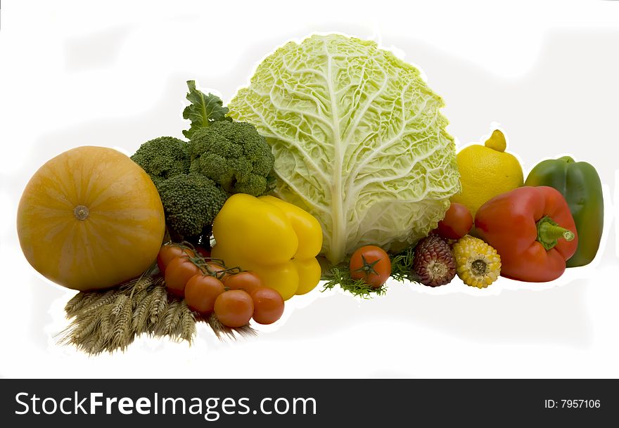 Broccoli, pumpkin, corn, wheaten ears, tomatoes and pepper isolated on a white background. Broccoli, pumpkin, corn, wheaten ears, tomatoes and pepper isolated on a white background