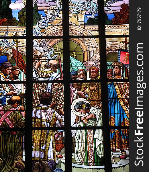 Stained-glass window in Saint Barbara catholic cathedrale