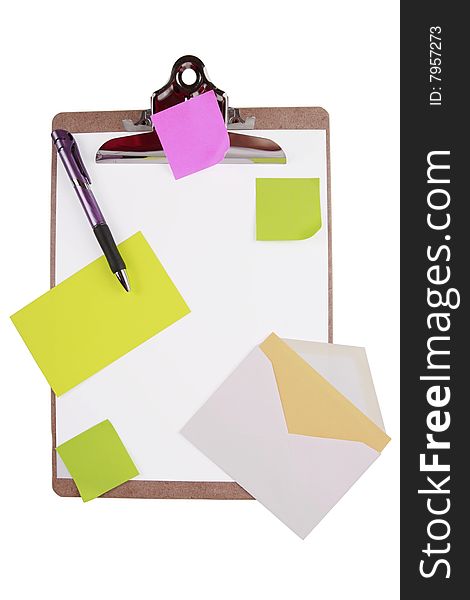Clipboard with sticky notes and cards isolated on white. Office supplies